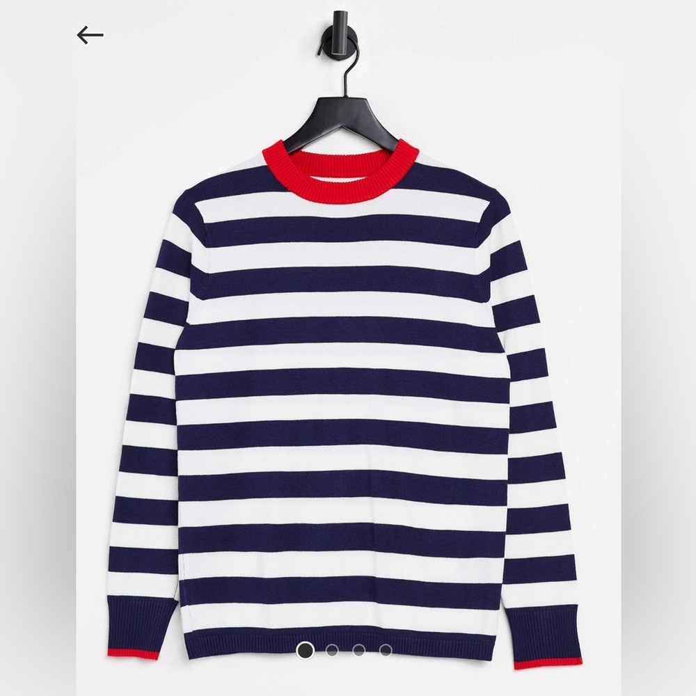 Gianni Feraud crew neck sweater in blue stripe with contrast red collar in US 6